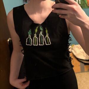 DIYed Black Sleeveless Top with Green Plant Design